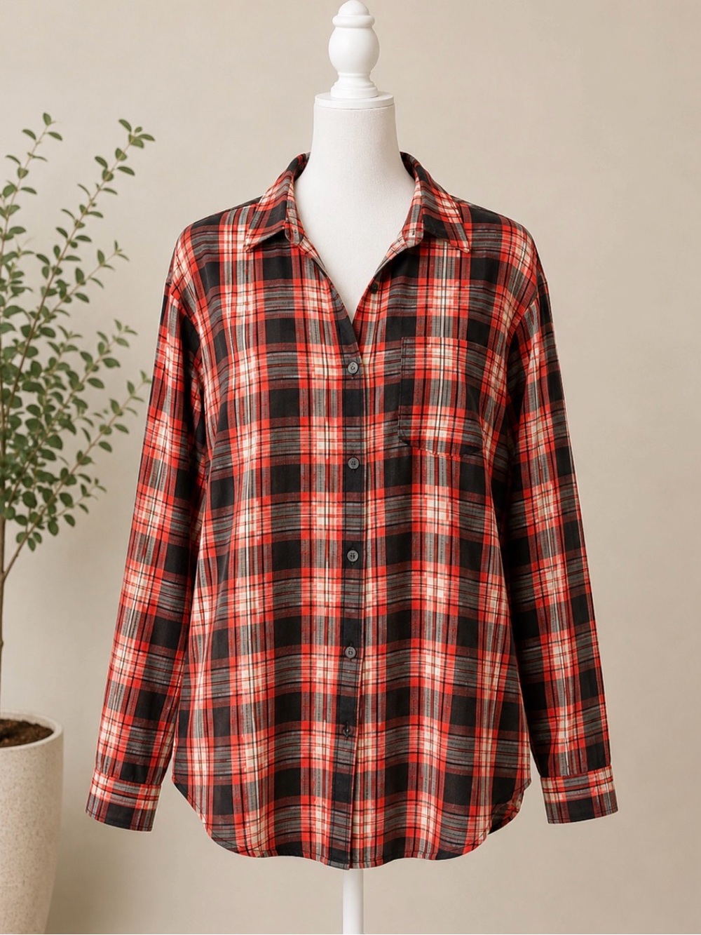 Red and Black Plaid Button-Up Shirt